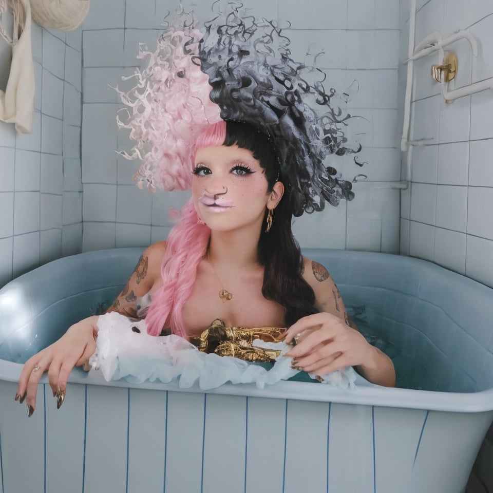 A woman, 1girl, long straight split dye mullet hair with bangs, black and pink hair, light gray tulle frill shepherd's hat, bath, bathroom, a tub of water, blue tiles, retro style, retro, retro colors, nose ring, brown eyes, cute face, long lashes, gold elements, lips dirty pink, black eyebrows, pale skin, high quality 18K, Hyperrealism, Realistic vision, rosy cheeks, freckles, high eyes quality, high face quality