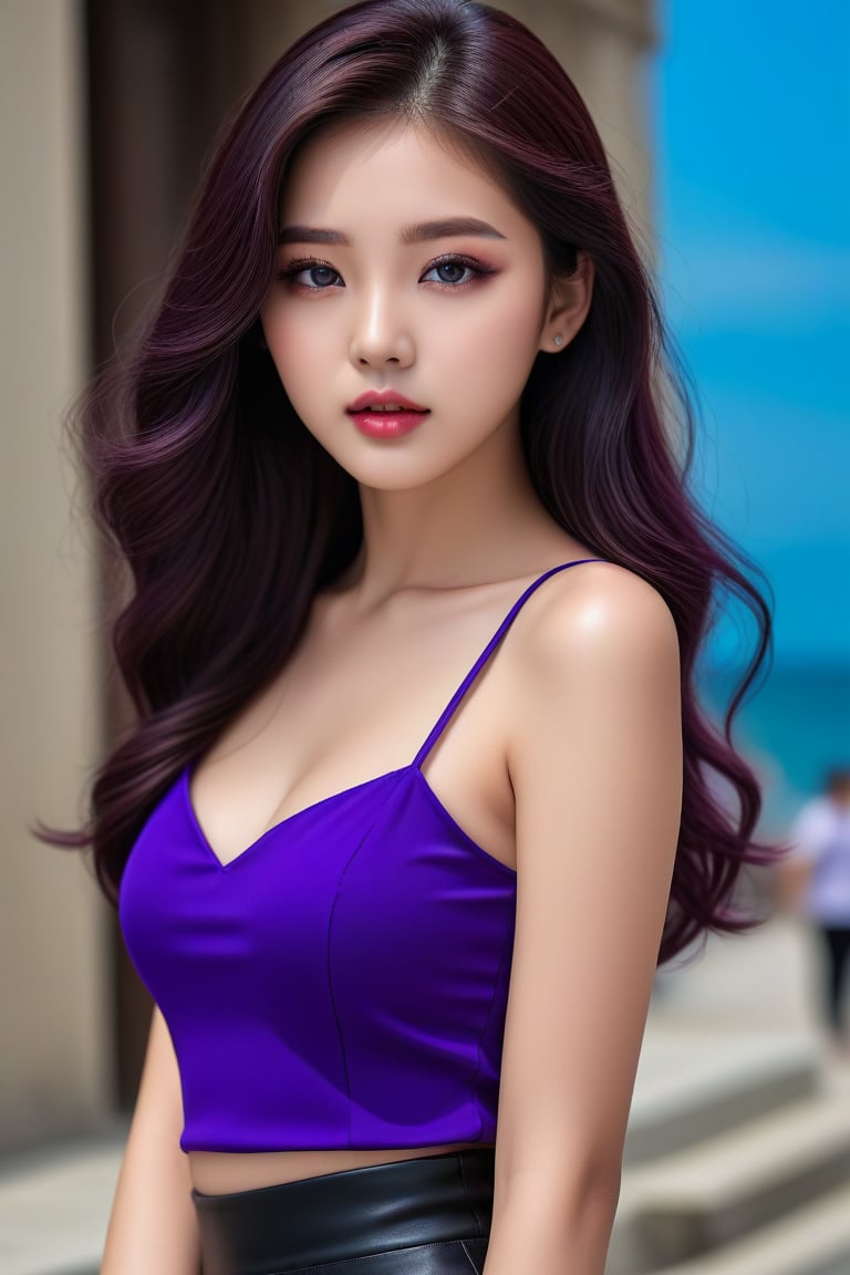 A glossy photo of young korean woman posing for magazine in the street, 15 years old, sexy and cute style, long dark purple wavy hair, photorealistic, high fashion, high detailed, wearing a purple shirt sleeveless, black short skirt,full lips, (big ocean blue eyes),,<lora:659095807385103906:1.0>