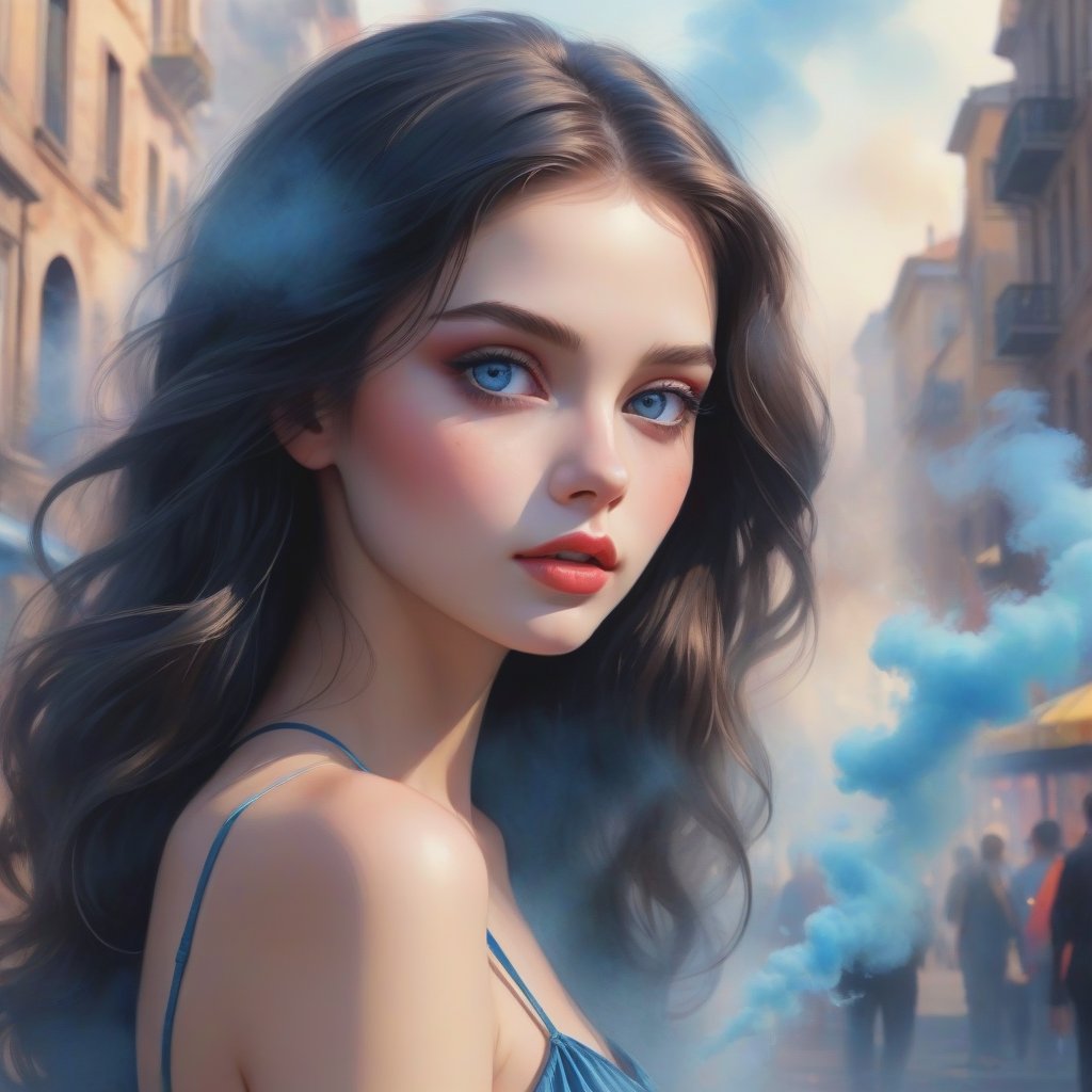 Masterpiece, 4K, ultra detailed, beautiful young lady with natural makeup, beautiful big blue eyes and glossy lips, high cheekbones, cute face, strong jawline, black long straight hair, in a city, colorful bellowing smoke, depth of field, SFW,watercolor \(medium\)