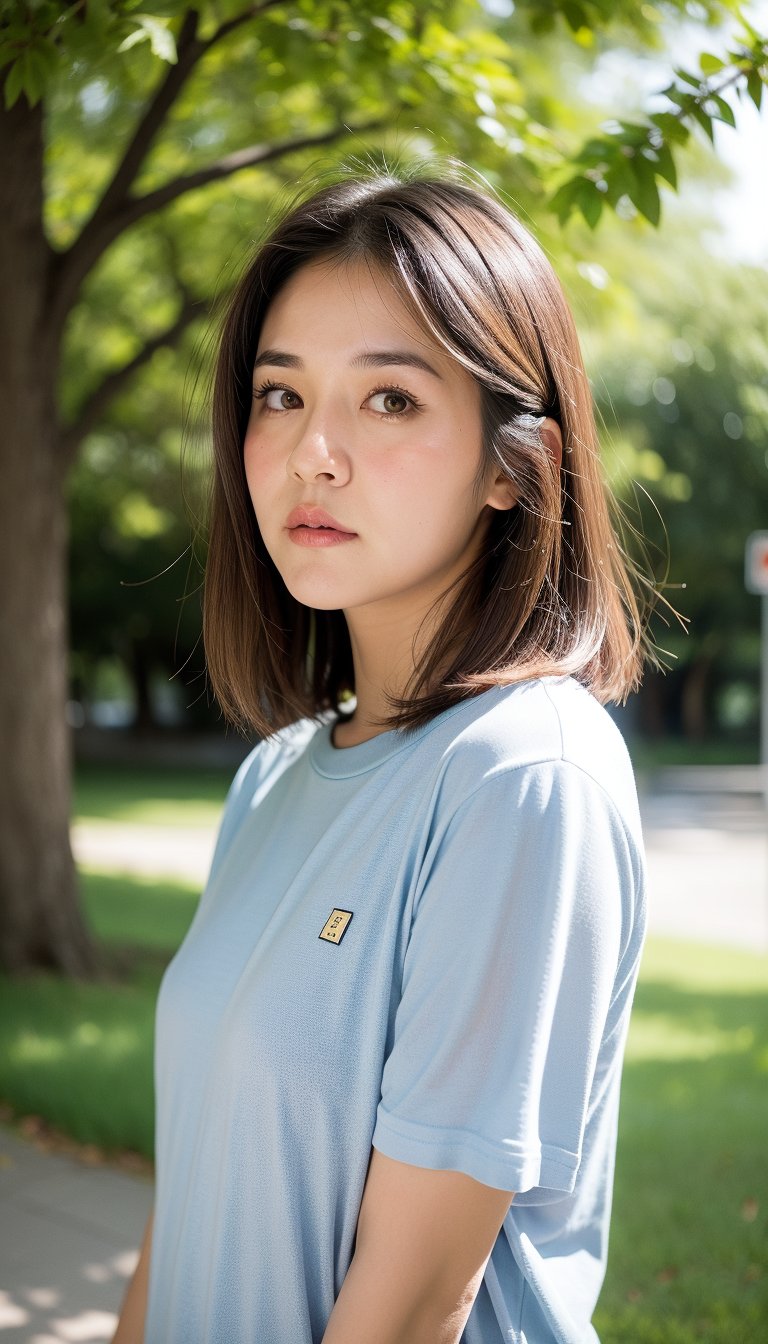 (bokeh:1.2), A beautiful korean tomboy woman, upper_body, (bangs), thinking about her boyfriend while wandering in a park, short straight hair, black shirt, short sleeves, trees, blue_sky, looking_at_viewer, facing_viewer, park, sunlight, morning, tsundere expression, detailed skin,mt-raisa