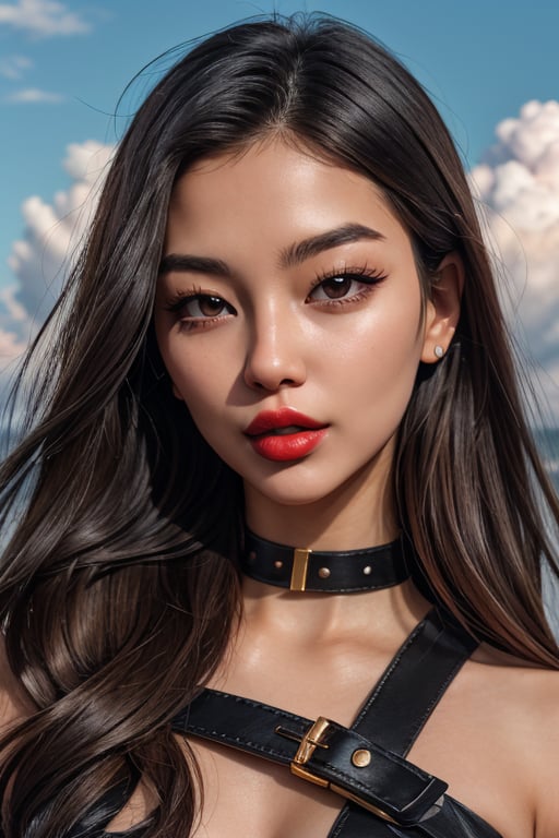 a beautiful female korean model, a beautiful young woman, long hair, black hair, brown eyes, closed mouth, upper body, sunny, day, cloud, black eyes, lips, lipstick, strap slip, realistic, red lips