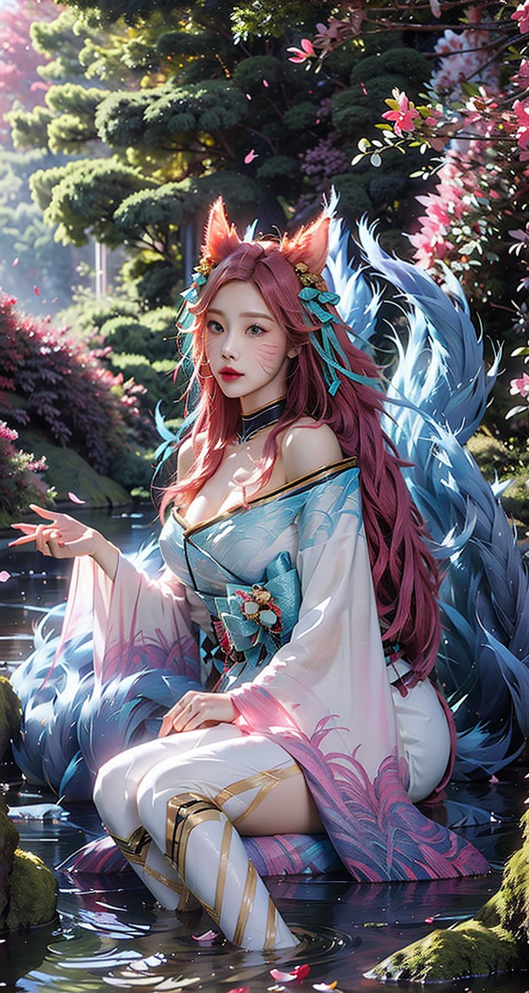 vibrant colors, female, masterpiece, sharp focus, best quality, depth of field, cinematic lighting, ((solo, one woman )), (illustration, 8k CG, extremely detailed), masterpiece, ultra-detailed,solo, pink eyes, ribbon, purple hair, pink hair,gradient hair,longhair ,very long hair,pink pupil,  alternate hairstyle, sexy,Big boobs,cleavage,exposed,translucent clothes,no black clothes,sweat,pink nipples


the background is a Japanese garden full of blooming cherry blossoms,creating an atmosphere of zen and peaceful, full of sunshine,long hair, (white fox ears, three tailed fox,), white earring, (full length),