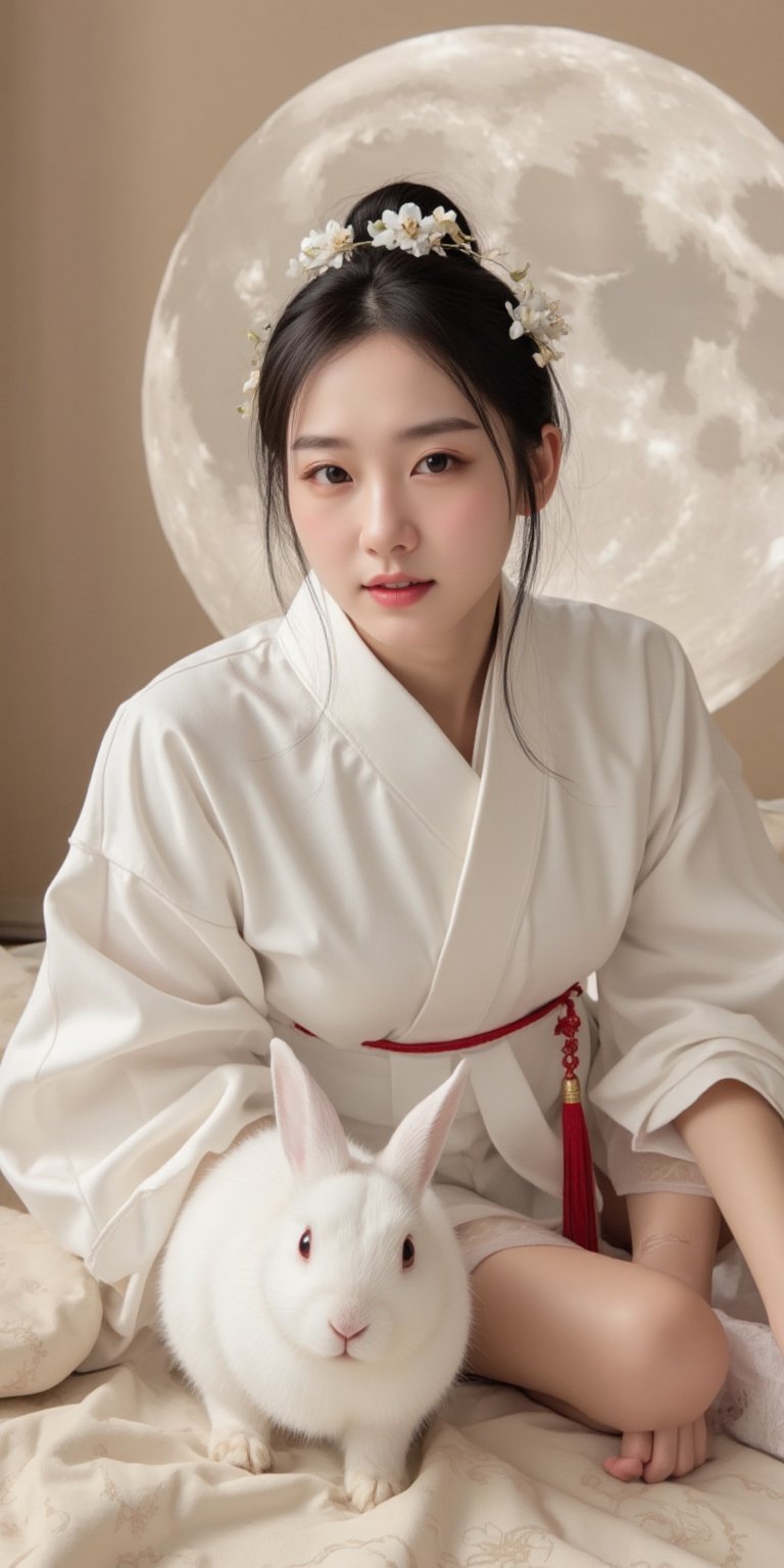 A young woman in a beautiful white hanfu sits on a soft, patterned fabric. She is adorned with delicate floral hair ornaments and a red tassel hangs from her waist. Her expression is serene and elegant, her gaze directed towards the viewer. A white rabbit sits beside her, adding a touch of innocence and charm to the scene. The background features a large moon, creating a sense of cultural richness and mystique. 