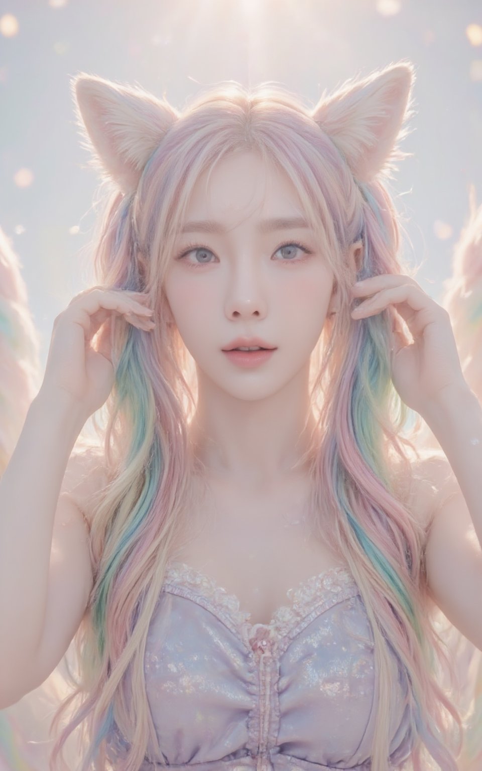 A girl with rainbow twintails and foxears and fox tails. 