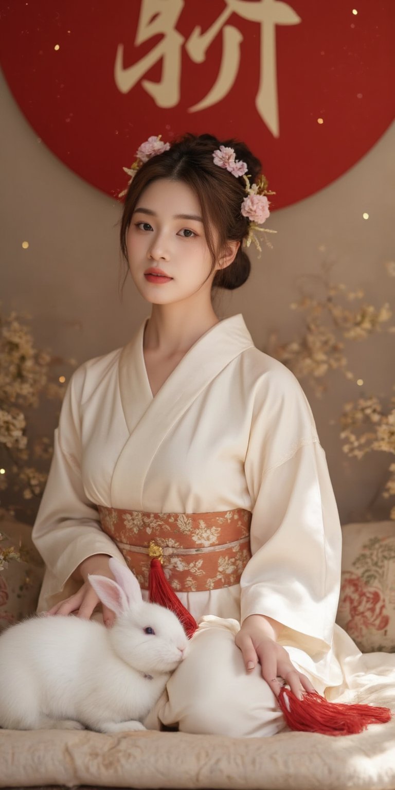 A young woman in a beautiful white kimono sits on a soft, patterned fabric. She is adorned with delicate floral hair ornaments and a red tassel hangs from her waist. Her expression is serene and elegant, her gaze directed towards the viewer. A white rabbit sits beside her, adding a touch of innocence and charm to the scene. The background features a large red circle and a traditional Chinese character, creating a sense of cultural richness and mystique. [Photorealistic portrait, inspired by the works of Annie Leibovitz and Steve McCurry], [Soft, natural light, focus on the woman's face and her elegant pose, blurred background with a sense of depth, textured surfaces, a sense of cultural heritage and beauty], Hanfu, KOLNB, Ahri,Auguste Renoir ~ Paul Peel ~ John Singer Sargent ~ Alexandre-Jacques Chantron ~ John William Godward ~ John William Waterhouse ~ Han-Wu Shen ~ Ishitaka Amano ~ Chakrapan Posayakrit ~ Kim Jung Gi ~ Kei Mieno ~ Ikushima Hiroshi ~ WLOP ~ William-Adolphe Bouguereau ~ Alphonse Mucha ~Luis Royo ~ Range Murata ~ Jock Sturges photography ~ David Hamillton photography,sparkles,,surreal