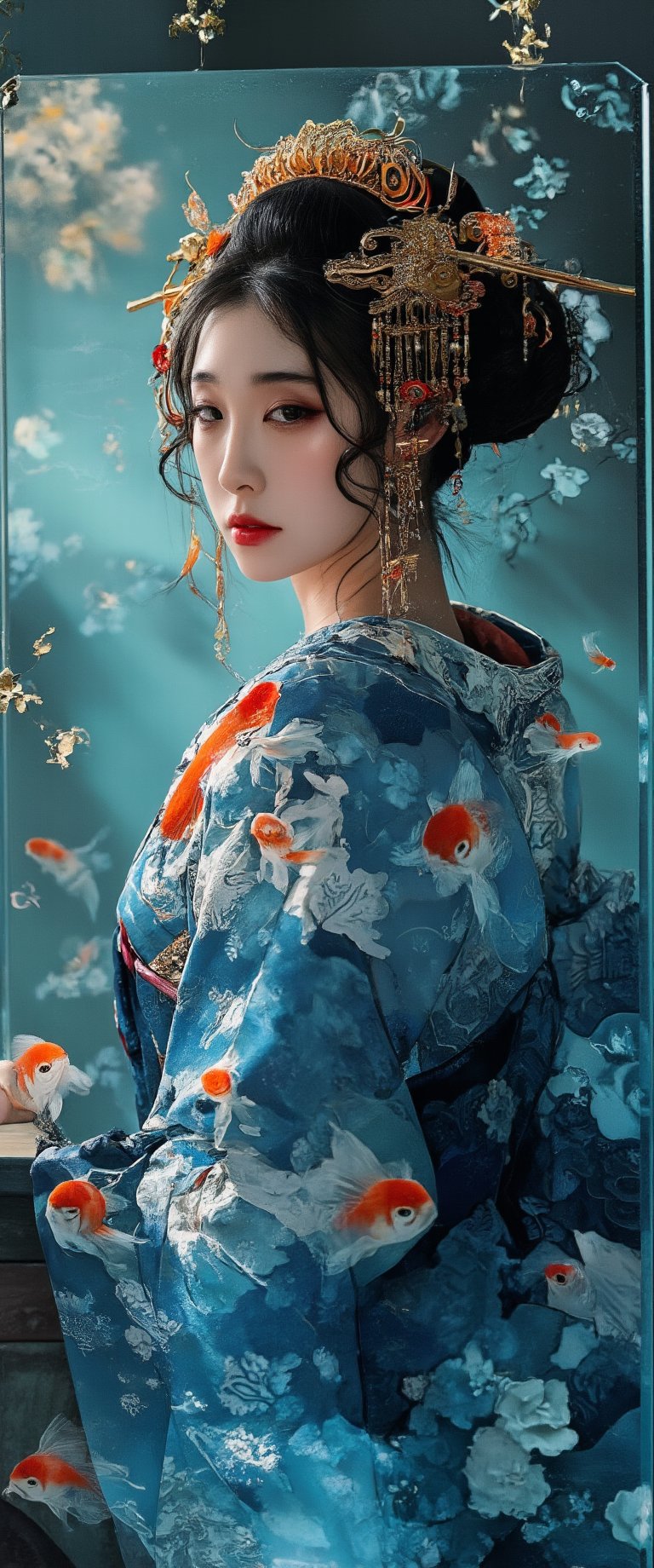 Photo, realistic, light refraction, ((acrylic with goldfish illustration embedded in desk)),  llngsh AND 1920s geisha, face, brunette, kimono goldfish look like they are swimming in Chinese letter panterns that spell ni hao, deep blue and light blue gradation, very beautiful, cool feeling piece,  