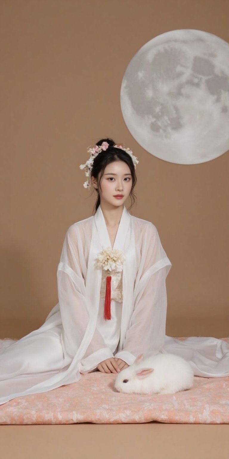 A young woman in a beautiful white hanfu sits on a soft, patterned fabric. She is adorned with delicate floral hair ornaments and a red tassel hangs from her waist. Her expression is serene and elegant, her gaze directed towards the viewer. A white rabbit sits beside her, adding a touch of innocence and charm to the scene. The background features a large moon, creating a sense of cultural richness and mystique. 