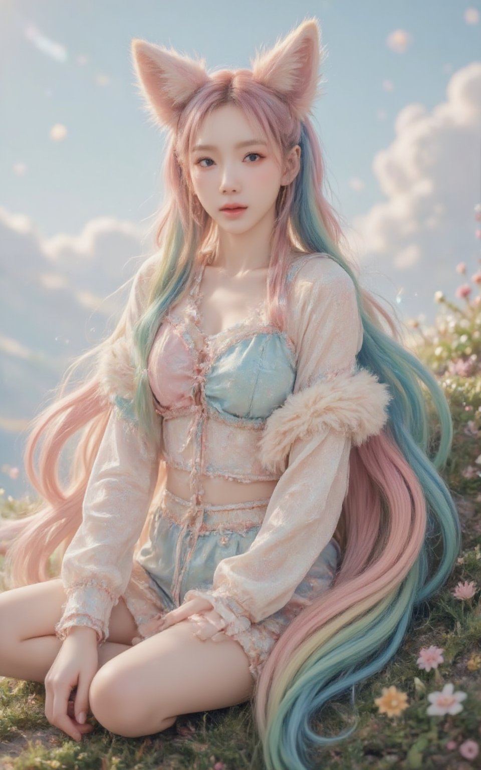 A  bright-eyed girl with vibrant rainbow-colored twin tails styled in loose, flowing waves. Her ears are adorned with delicate fox-shaped earpieces, complete with fluffy fur details.  Fox-tailS wraps around her waist, its soft fur catching the warm light of a sunny day. She sits cross-legged on a grassy hillside, surrounded by wildflowers and a backdrop of fluffy white clouds.