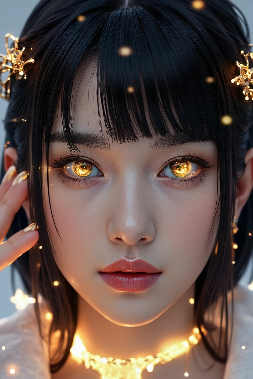 close,  woman with glowing eyes and hair in white gold jewelry, light painting, futuristic digital, realistic sci-fi, lights, gold filigree, diamond, ethereal, misty, holographic, white sky on background,glitter,black hair