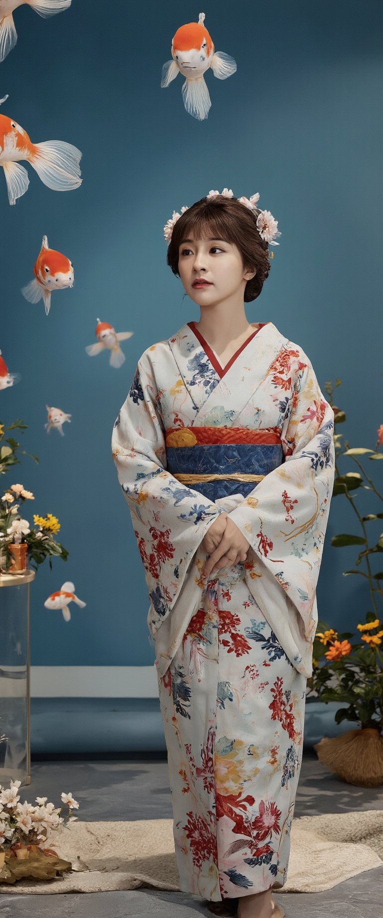 Photo, realistic, light refraction, llngsh AND 1920s geisha, face, brunette, kimono goldfish look like they are swimming in the air, deep blue and light blue gradation, very beautiful, cool feeling piece,  