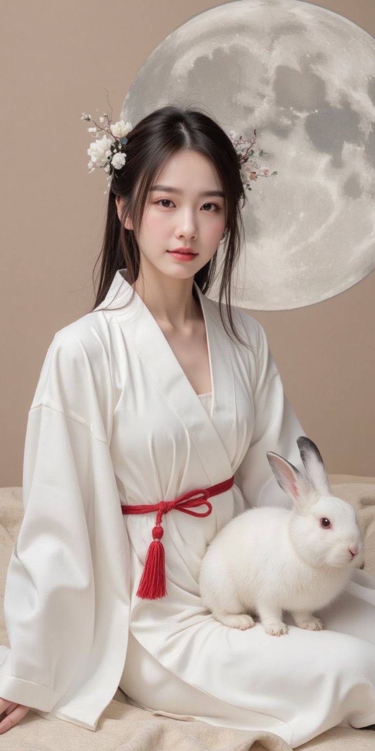 A young woman in a beautiful white hanfu sits on a soft, patterned fabric. She is adorned with delicate floral hair ornaments and a red tassel hangs from her waist. Her expression is serene and elegant, her gaze directed towards the viewer. A white rabbit sits beside her, adding a touch of innocence and charm to the scene. The background features a large moon, creating a sense of cultural richness and mystique. 