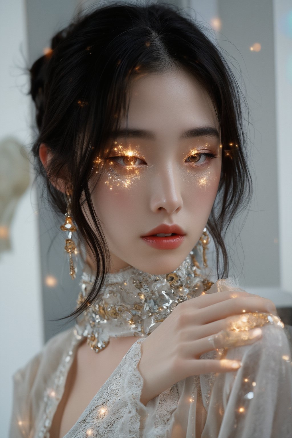 close,  woman with glowing eyes and hair in white gold jewelry, light painting, futuristic digital, realistic sci-fi, lights, gold filigree, diamond, ethereal, misty, holographic, white sky on background,glitter,black hair