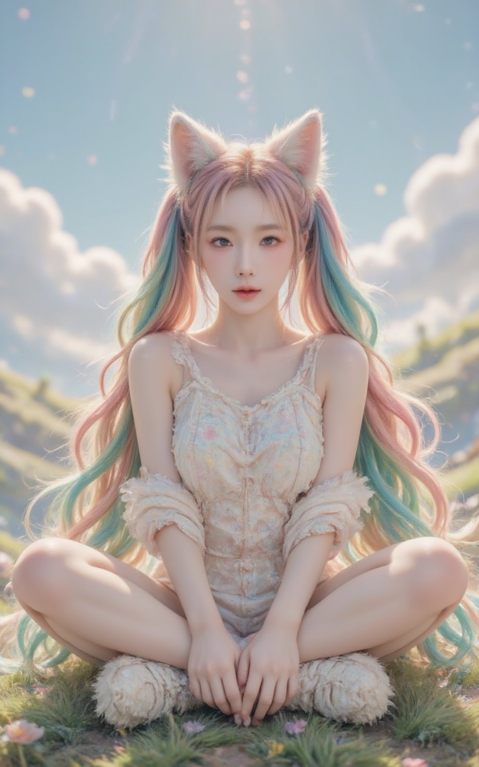 A  bright-eyed girl with vibrant rainbow-colored twin tails styled in loose, flowing waves. Her ears are adorned with delicate fox-shaped earpieces, complete with fluffy fur details.  Fox-tailS wraps around her waist, its soft fur catching the warm light of a sunny day. She sits cross-legged on a grassy hillside, surrounded by wildflowers and a backdrop of fluffy white clouds.