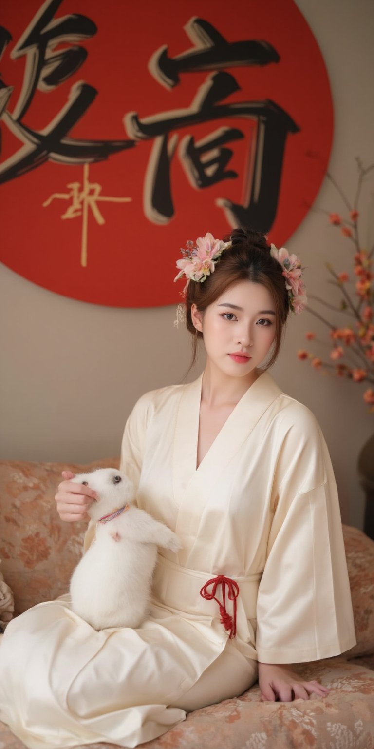 A young woman in a beautiful white kimono sits on a soft, patterned fabric. She is adorned with delicate floral hair ornaments and a red tassel hangs from her waist. Her expression is serene and elegant, her gaze directed towards the viewer. A white rabbit sits beside her, adding a touch of innocence and charm to the scene. The background features a large red circle and a traditional Chinese character, creating a sense of cultural richness and mystique. [Photorealistic portrait, inspired by the works of Annie Leibovitz and Steve McCurry], [Soft, natural light, focus on the woman's face and her elegant pose, blurred background with a sense of depth, textured surfaces, a sense of cultural heritage and beauty], Hanfu, KOLNB, Ahri,Auguste Renoir ~ Paul Peel ~ John Singer Sargent ~ Alexandre-Jacques Chantron ~ John William Godward ~ John William Waterhouse ~ Han-Wu Shen ~ Ishitaka Amano ~ Chakrapan Posayakrit ~ Kim Jung Gi ~ Kei Mieno ~ Ikushima Hiroshi ~ WLOP ~ William-Adolphe Bouguereau ~ Alphonse Mucha ~Luis Royo ~ Range Murata ~ Jock Sturges photography ~ David Hamillton photography,sparkles,,surreal