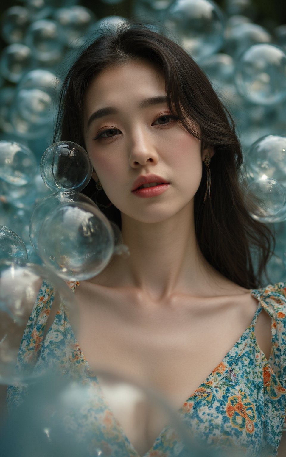 A stunning female model with an enhanced bust size poses provocatively amidst a whimsical setting, surrounded by ethereal water orbs that seem to defy gravity. Soft focus and gentle lighting envelop her refined facial structure and luscious locks, drawing attention to her captivating gaze. The shimmering, translucent spheres create an air of enchantment as she emerges from the sea of floating bubbles.