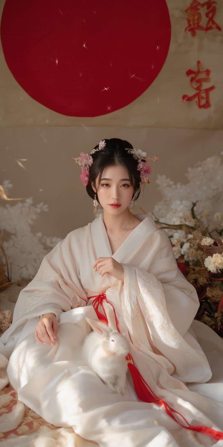 A young woman in a beautiful white kimono sits on a soft, patterned fabric. She is adorned with delicate floral hair ornaments and a red tassel hangs from her waist. Her expression is serene and elegant, her gaze directed towards the viewer. A white rabbit sits beside her, adding a touch of innocence and charm to the scene. The background features a large red circle and a traditional Chinese character, creating a sense of cultural richness and mystique. [Photorealistic portrait, inspired by the works of Annie Leibovitz and Steve McCurry], [Soft, natural light, focus on the woman's face and her elegant pose, blurred background with a sense of depth, textured surfaces, a sense of cultural heritage and beauty], Hanfu, KOLNB, Ahri,Auguste Renoir ~ Paul Peel ~ John Singer Sargent ~ Alexandre-Jacques Chantron ~ John William Godward ~ John William Waterhouse ~ Han-Wu Shen ~ Ishitaka Amano ~ Chakrapan Posayakrit ~ Kim Jung Gi ~ Kei Mieno ~ Ikushima Hiroshi ~ WLOP ~ William-Adolphe Bouguereau ~ Alphonse Mucha ~Luis Royo ~ Range Murata ~ Jock Sturges photography ~ David Hamillton photography,sparkles,,surreal