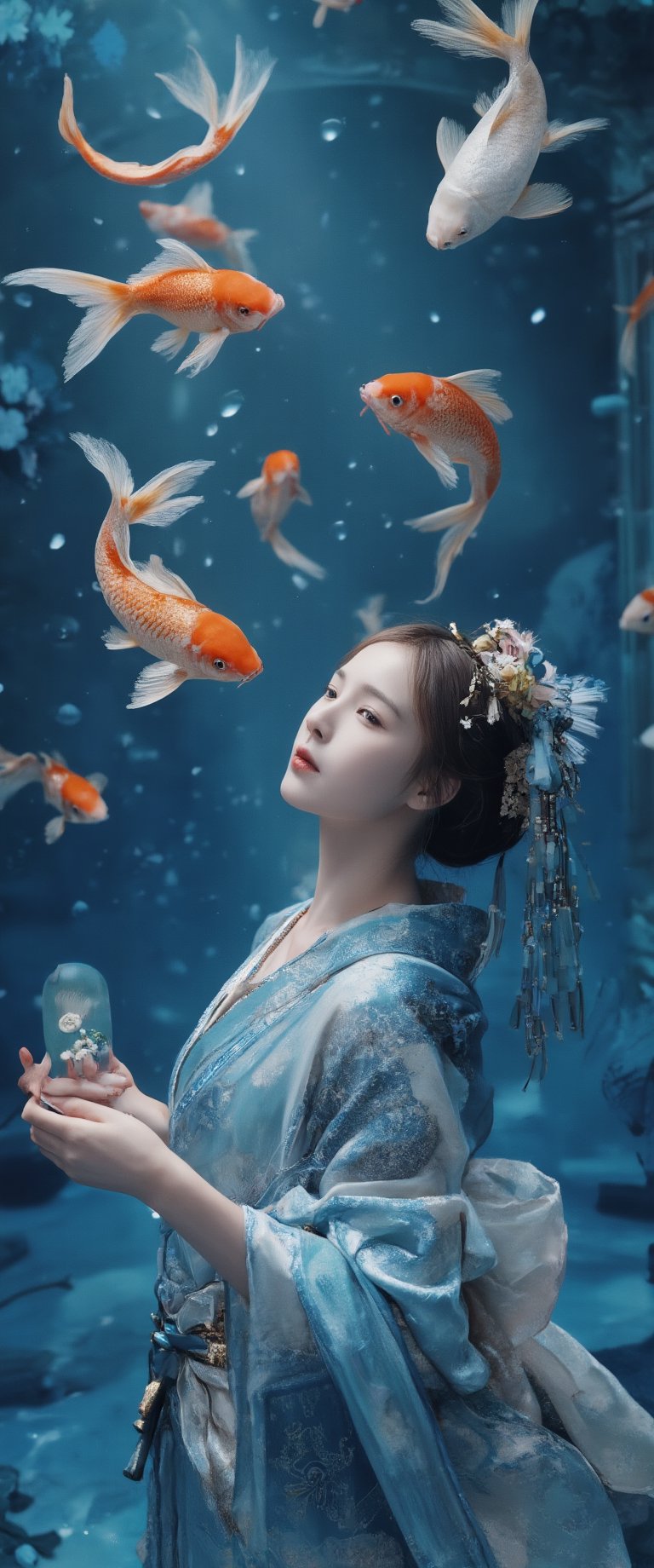 Photo, realistic, light refraction, llngsh AND 1920s geisha, face, brunette, kimono goldfish look like they are swimming in the air, deep blue and light blue gradation, very beautiful, cool feeling piece,  