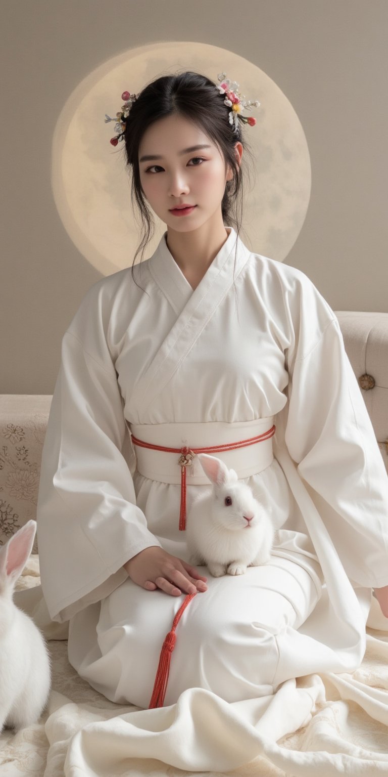 A young woman in a beautiful white hanfu sits on a soft, patterned fabric. She is adorned with delicate floral hair ornaments and a red tassel hangs from her waist. Her expression is serene and elegant, her gaze directed towards the viewer. A white rabbit sits beside her, adding a touch of innocence and charm to the scene. The background features a large moon, creating a sense of cultural richness and mystique. 