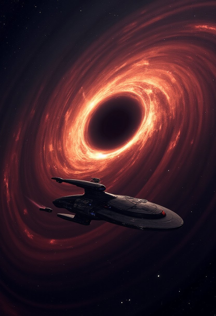 ultrarealistic ufo starship fleet flying in realistic black hole vortex8k resolution,sharp focus,