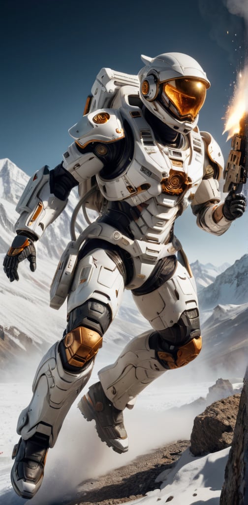 (best quality, 8K, high-resolution, masterpiece), ultra-detailed, The image shows an sleek high tech astronaut suit floating in a explosion fire snowy mountainat background, firing a weapon. The robot has a white body with dark orange accents and is equipped with a large white blaster. dynamic angle shot, cinematic, film lighting, dramatic, ultra quality, ultra realistic, sharp focus, studio lighting, remarkable color,bl1ndm5k,Nanosuit exoskeleton