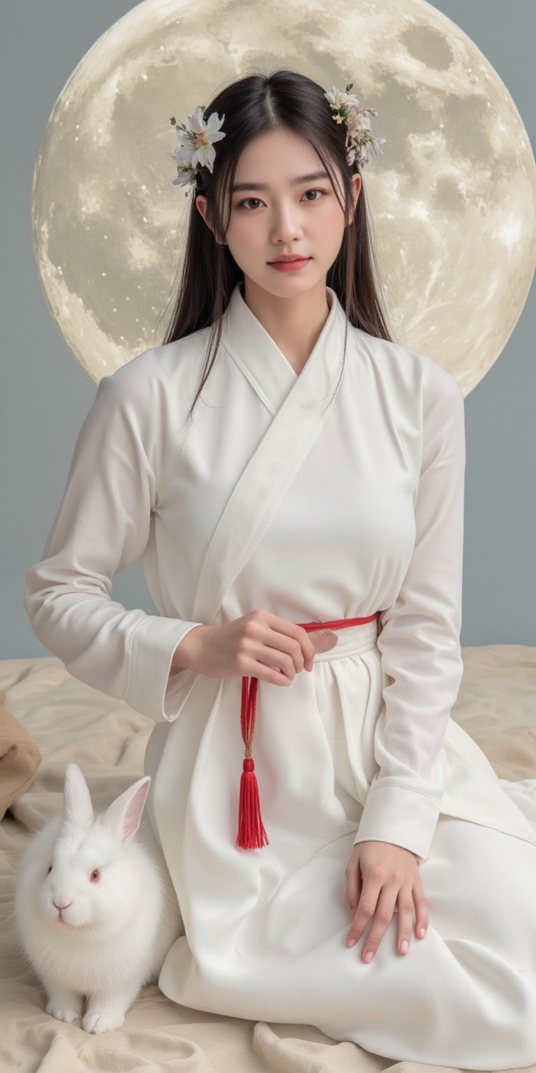 A young woman in a beautiful white hanfu sits on a soft, patterned fabric. She is adorned with delicate floral hair ornaments and a red tassel hangs from her waist. Her expression is serene and elegant, her gaze directed towards the viewer. A white rabbit sits beside her, adding a touch of innocence and charm to the scene. The background features a large moon, creating a sense of cultural richness and mystique. 