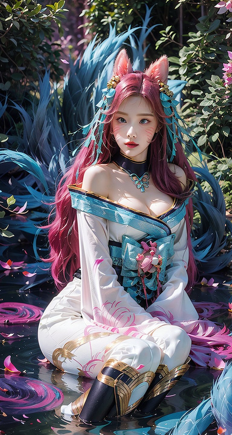 vibrant colors, female, masterpiece, sharp focus, best quality, depth of field, cinematic lighting, ((solo, one woman )), (illustration, 8k CG, extremely detailed), masterpiece, ultra-detailed,solo, pink eyes, ribbon, purple hair, pink hair,gradient hair,longhair ,very long hair,pink pupil,  alternate hairstyle, sexy,Big boobs,cleavage,exposed,translucent clothes,no black clothes,sweat,pink nipples


the background is a Japanese garden full of blooming cherry blossoms,creating an atmosphere of zen and peaceful, full of sunshine,long hair, (white fox ears, three tailed fox,), white earring, (full length),