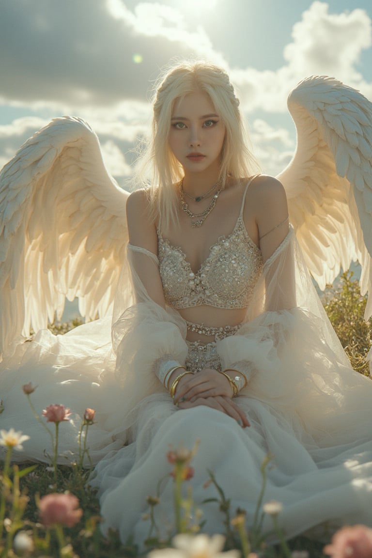 The Divine Maiden seated on a billowy cloud, long blonde braids cascading elegantly, striking grey eyes sparkling with ethereal wisdom, snow-white luminous skin radiating an otherworldly glow, transparent veil adorned with shimmering crystals fluttering gently, delicate and airy divine garments layered with elements of crystal, intricate gold bracelets adorning arms and legs, magnificent angel wings unfurling in pure light, vibrant sun rays filtering through, illuminating her presence, lush floral meadow beneath, creating an atmosphere of serene love and tranquility, wide-angle view showcasing the heavenly realm.