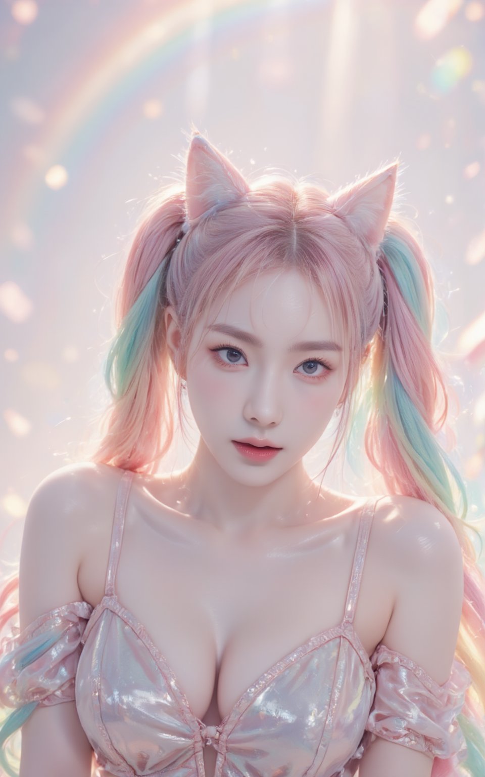 A girl with rainbow-colored twintails and foxears and fox tails. 