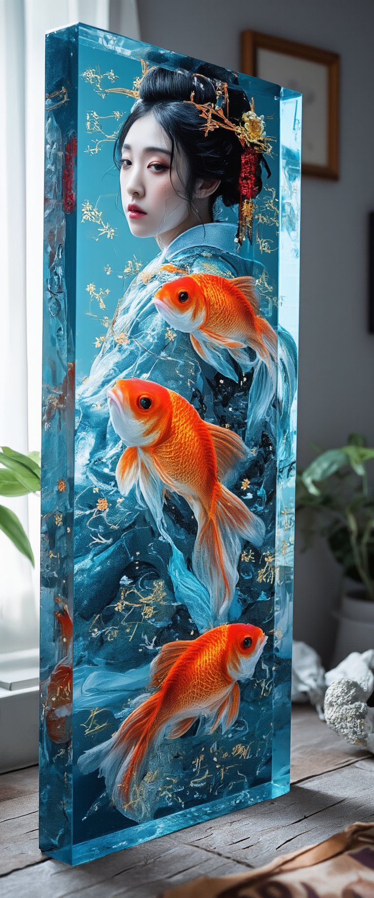 Photo, realistic, light refraction, ((acrylic with goldfish illustration embedded in desk)),  llngsh AND 1920s geisha, face, brunette, kimono goldfish look like they are swimming in Chinese letter panterns that spell ni hao, deep blue and light blue gradation, very beautiful, cool feeling piece,  