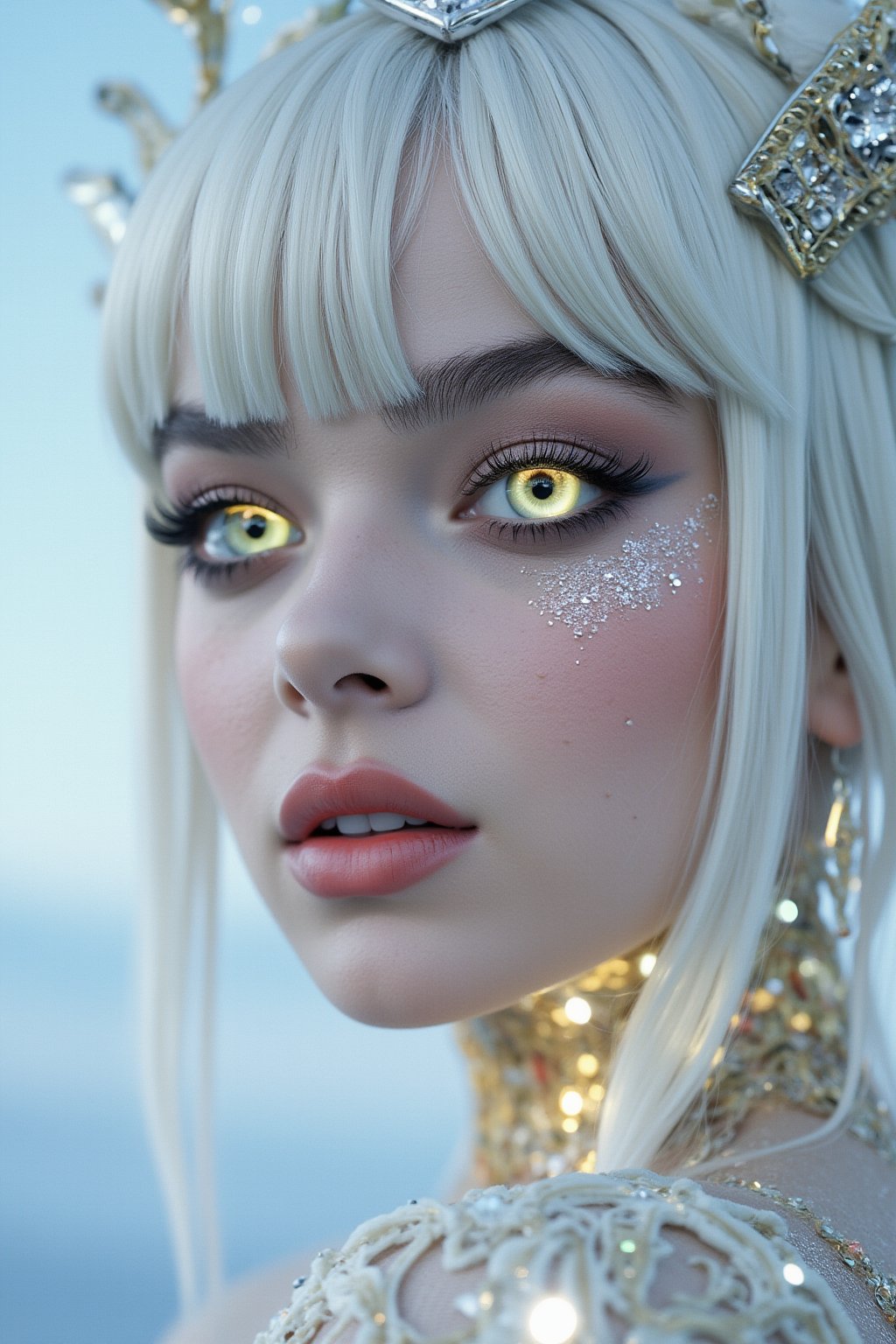 close, albino woman with glowing eyes and hair in white gold jewelry, light painting, futuristic digital, realistic sci-fi, lights, gold filigree, silver lashes, diamond, ethereal, misty, holographic, white sky on background,glitter