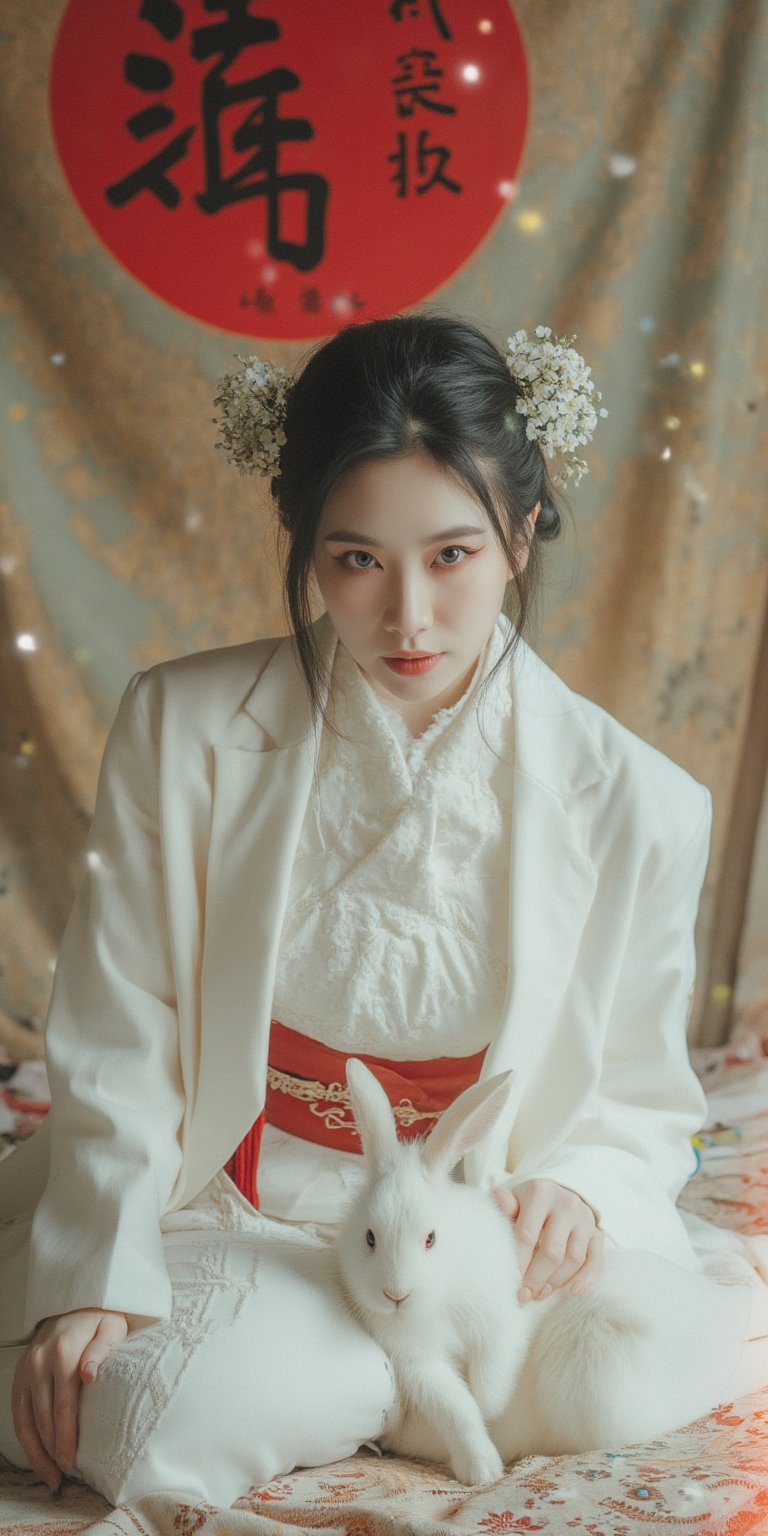 A young woman in a beautiful white kimono sits on a soft, patterned fabric. She is adorned with delicate floral hair ornaments and a red tassel hangs from her waist. Her expression is serene and elegant, her gaze directed towards the viewer. A white rabbit sits beside her, adding a touch of innocence and charm to the scene. The background features a large red circle and a traditional Chinese character, creating a sense of cultural richness and mystique. [Photorealistic portrait, inspired by the works of Annie Leibovitz and Steve McCurry], [Soft, natural light, focus on the woman's face and her elegant pose, blurred background with a sense of depth, textured surfaces, a sense of cultural heritage and beauty], Hanfu, KOLNB, Ahri,Auguste Renoir ~ Paul Peel ~ John Singer Sargent ~ Alexandre-Jacques Chantron ~ John William Godward ~ John William Waterhouse ~ Han-Wu Shen ~ Ishitaka Amano ~ Chakrapan Posayakrit ~ Kim Jung Gi ~ Kei Mieno ~ Ikushima Hiroshi ~ WLOP ~ William-Adolphe Bouguereau ~ Alphonse Mucha ~Luis Royo ~ Range Murata ~ Jock Sturges photography ~ David Hamillton photography,sparkles,,surreal