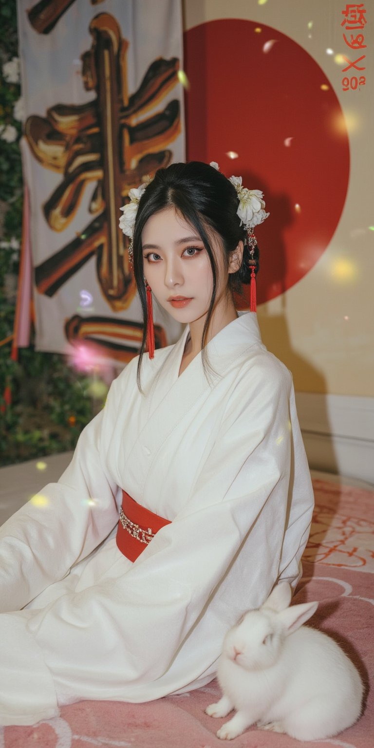 A young woman in a beautiful white kimono sits on a soft, patterned fabric. She is adorned with delicate floral hair ornaments and a red tassel hangs from her waist. Her expression is serene and elegant, her gaze directed towards the viewer. A white rabbit sits beside her, adding a touch of innocence and charm to the scene. The background features a large red circle and a traditional Chinese character, creating a sense of cultural richness and mystique. [Photorealistic portrait, inspired by the works of Annie Leibovitz and Steve McCurry], [Soft, natural light, focus on the woman's face and her elegant pose, blurred background with a sense of depth, textured surfaces, a sense of cultural heritage and beauty], Hanfu, KOLNB, Ahri,Auguste Renoir ~ Paul Peel ~ John Singer Sargent ~ Alexandre-Jacques Chantron ~ John William Godward ~ John William Waterhouse ~ Han-Wu Shen ~ Ishitaka Amano ~ Chakrapan Posayakrit ~ Kim Jung Gi ~ Kei Mieno ~ Ikushima Hiroshi ~ WLOP ~ William-Adolphe Bouguereau ~ Alphonse Mucha ~Luis Royo ~ Range Murata ~ Jock Sturges photography ~ David Hamillton photography,sparkles,,surreal