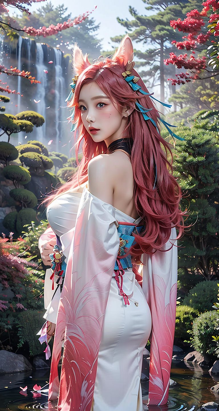 vibrant colors, female, masterpiece, sharp focus, best quality, depth of field, cinematic lighting, ((solo, one woman )), (illustration, 8k CG, extremely detailed), masterpiece, ultra-detailed,solo, pink eyes, ribbon, purple hair, pink hair,gradient hair,longhair ,pink pupil,  alternate hairstyle, sexy,Big boobs,cleavage,exposed,translucent clothes,no black clothes,sweat,pink nipples


the background is a Japanese garden full of blooming cherry blossoms,creating an atmosphere of zen and peaceful, full of sunshine,long hair, (white fox ears, three tailed fox,), white earring, (full length),