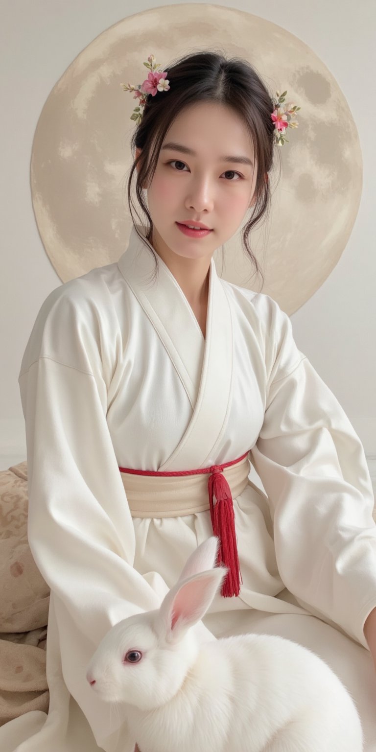 A young woman in a beautiful white hanfu sits on a soft, patterned fabric. She is adorned with delicate floral hair ornaments and a red tassel hangs from her waist. Her expression is serene and elegant, her gaze directed towards the viewer. A white rabbit sits beside her, adding a touch of innocence and charm to the scene. The background features a large moon, creating a sense of cultural richness and mystique. 