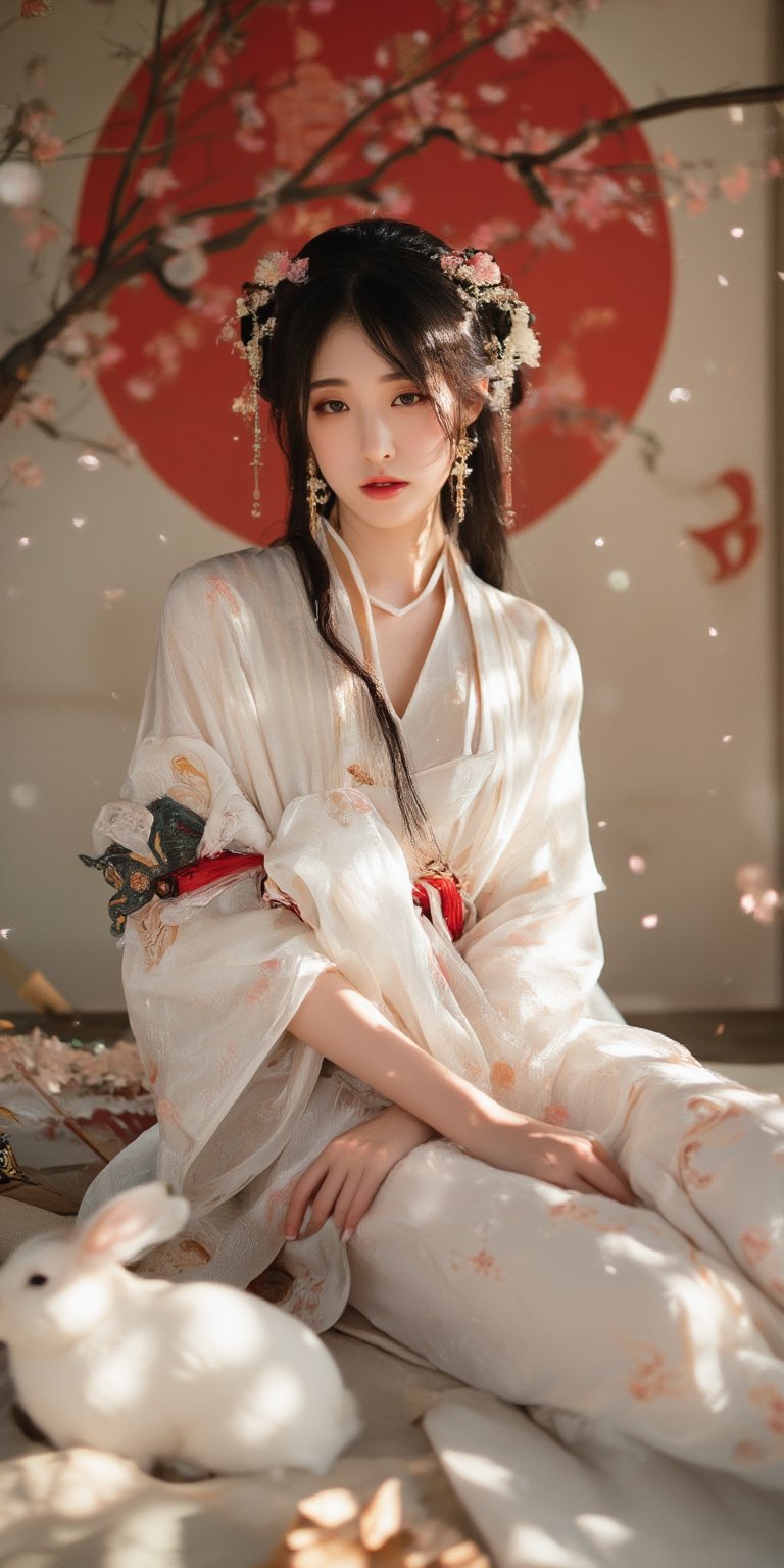 A young woman in a beautiful white kimono sits on a soft, patterned fabric. She is adorned with delicate floral hair ornaments and a red tassel hangs from her waist. Her expression is serene and elegant, her gaze directed towards the viewer. A white rabbit sits beside her, adding a touch of innocence and charm to the scene. The background features a large red circle and a traditional Chinese character, creating a sense of cultural richness and mystique. [Photorealistic portrait, inspired by the works of Annie Leibovitz and Steve McCurry], [Soft, natural light, focus on the woman's face and her elegant pose, blurred background with a sense of depth, textured surfaces, a sense of cultural heritage and beauty], Hanfu, KOLNB, Ahri,Auguste Renoir ~ Paul Peel ~ John Singer Sargent ~ Alexandre-Jacques Chantron ~ John William Godward ~ John William Waterhouse ~ Han-Wu Shen ~ Ishitaka Amano ~ Chakrapan Posayakrit ~ Kim Jung Gi ~ Kei Mieno ~ Ikushima Hiroshi ~ WLOP ~ William-Adolphe Bouguereau ~ Alphonse Mucha ~Luis Royo ~ Range Murata ~ Jock Sturges photography ~ David Hamillton photography,sparkles,,surreal