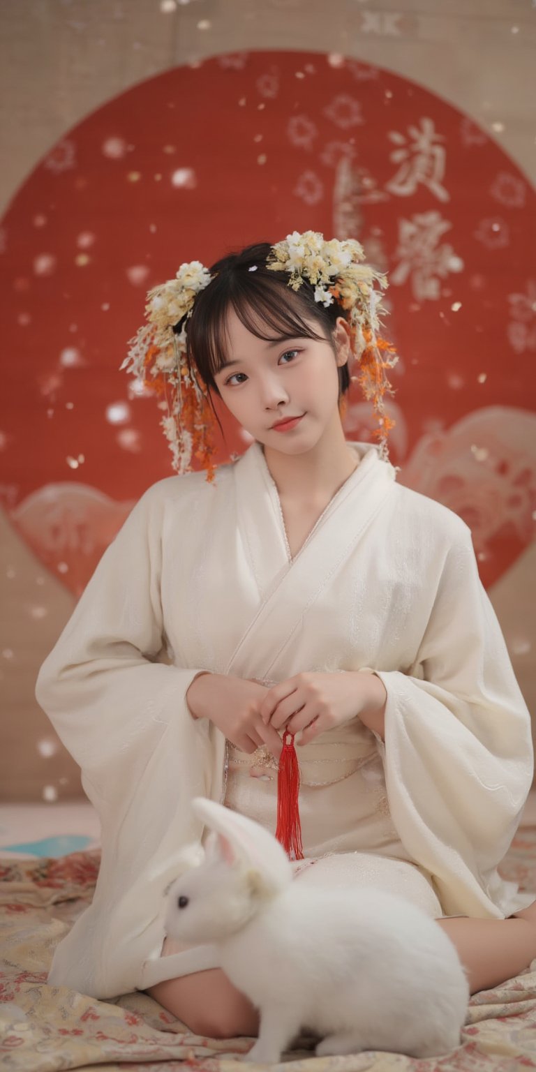 A young woman in a beautiful white kimono sits on a soft, patterned fabric. She is adorned with delicate floral hair ornaments and a red tassel hangs from her waist. Her expression is serene and elegant, her gaze directed towards the viewer. A white rabbit sits beside her, adding a touch of innocence and charm to the scene. The background features a large red circle and a traditional Chinese character, creating a sense of cultural richness and mystique. [Photorealistic portrait, inspired by the works of Annie Leibovitz and Steve McCurry], [Soft, natural light, focus on the woman's face and her elegant pose, blurred background with a sense of depth, textured surfaces, a sense of cultural heritage and beauty], Hanfu, KOLNB, Ahri,Auguste Renoir ~ Paul Peel ~ John Singer Sargent ~ Alexandre-Jacques Chantron ~ John William Godward ~ John William Waterhouse ~ Han-Wu Shen ~ Ishitaka Amano ~ Chakrapan Posayakrit ~ Kim Jung Gi ~ Kei Mieno ~ Ikushima Hiroshi ~ WLOP ~ William-Adolphe Bouguereau ~ Alphonse Mucha ~Luis Royo ~ Range Murata ~ Jock Sturges photography ~ David Hamillton photography,sparkles,,surreal