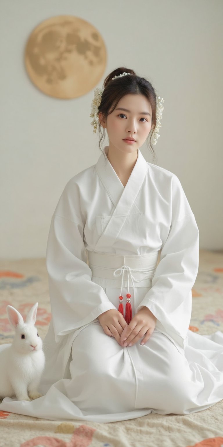 A young woman in a beautiful white hanfu sits on a soft, patterned fabric. She is adorned with delicate floral hair ornaments and a red tassel hangs from her waist. Her expression is serene and elegant, her gaze directed towards the viewer. A white rabbit sits beside her, adding a touch of innocence and charm to the scene. The background features a large moon, creating a sense of cultural richness and mystique. 