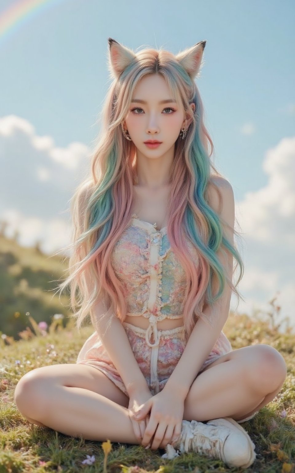 A  bright-eyed girl with vibrant rainbow-colored twin tails styled in loose, flowing waves. Her ears are adorned with delicate fox-shaped earpieces, complete with fluffy fur details.  Fox-tailS wraps around her waist, its soft fur catching the warm light of a sunny day. She sits cross-legged on a grassy hillside, surrounded by wildflowers and a backdrop of fluffy white clouds and rianbows.