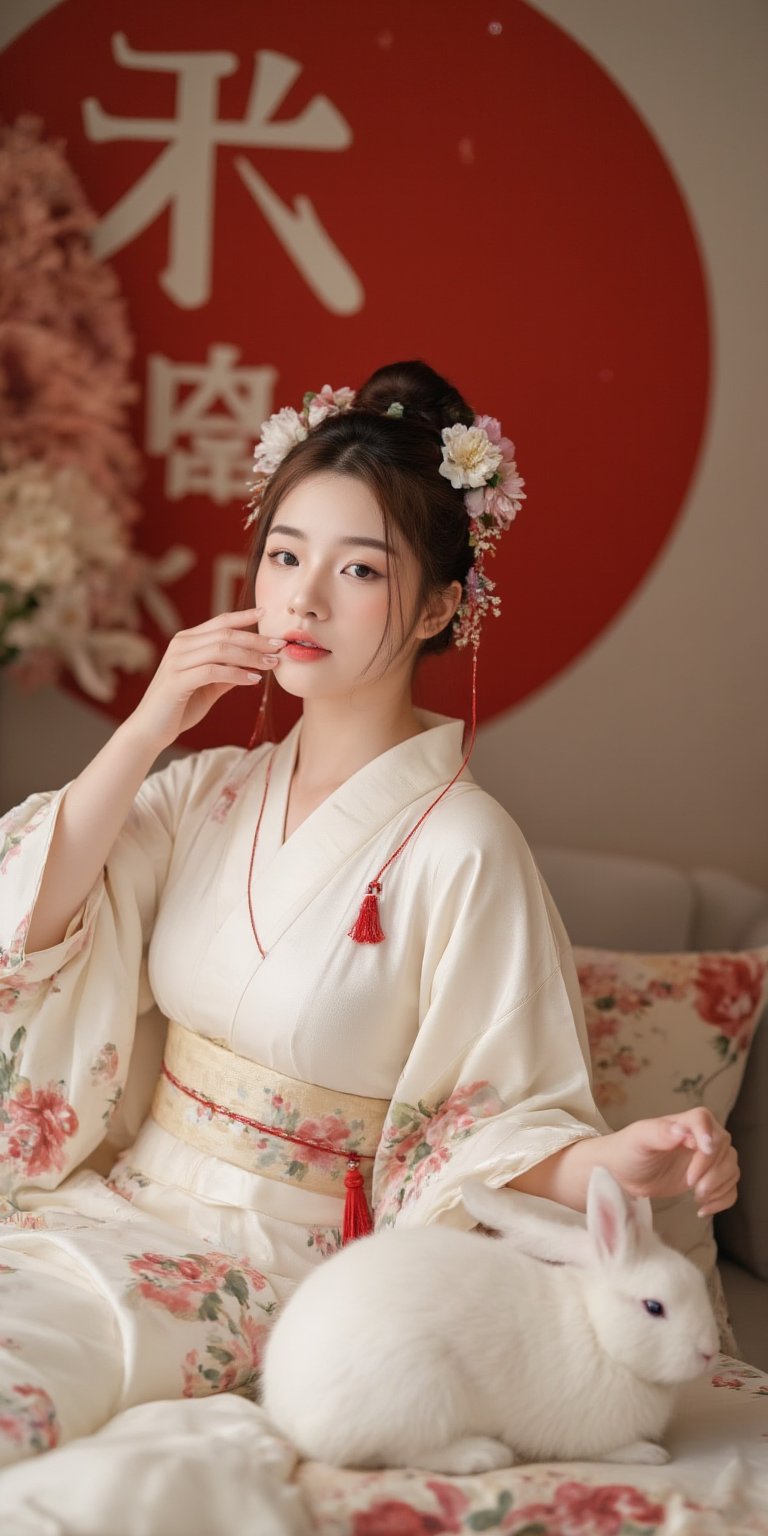 A young woman in a beautiful white kimono sits on a soft, patterned fabric. She is adorned with delicate floral hair ornaments and a red tassel hangs from her waist. Her expression is serene and elegant, her gaze directed towards the viewer. A white rabbit sits beside her, adding a touch of innocence and charm to the scene. The background features a large red circle and a traditional Chinese character, creating a sense of cultural richness and mystique. [Photorealistic portrait, inspired by the works of Annie Leibovitz and Steve McCurry], [Soft, natural light, focus on the woman's face and her elegant pose, blurred background with a sense of depth, textured surfaces, a sense of cultural heritage and beauty], Hanfu, KOLNB, Ahri,Auguste Renoir ~ Paul Peel ~ John Singer Sargent ~ Alexandre-Jacques Chantron ~ John William Godward ~ John William Waterhouse ~ Han-Wu Shen ~ Ishitaka Amano ~ Chakrapan Posayakrit ~ Kim Jung Gi ~ Kei Mieno ~ Ikushima Hiroshi ~ WLOP ~ William-Adolphe Bouguereau ~ Alphonse Mucha ~Luis Royo ~ Range Murata ~ Jock Sturges photography ~ David Hamillton photography,sparkles,,surreal