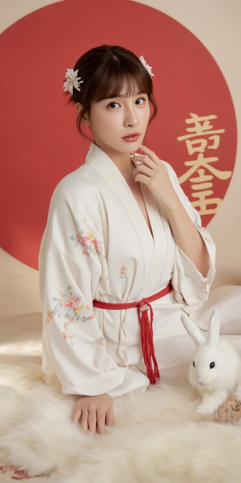 A young woman in a beautiful white kimono sits on a soft, patterned fabric. She is adorned with delicate floral hair ornaments and a red tassel hangs from her waist. Her expression is serene and elegant, her gaze directed towards the viewer. A white rabbit sits beside her, adding a touch of innocence and charm to the scene. The background features a large red circle and a traditional Chinese character, creating a sense of cultural richness and mystique. [Photorealistic portrait, inspired by the works of Annie Leibovitz and Steve McCurry], [Soft, natural light, focus on the woman's face and her elegant pose, blurred background with a sense of depth, textured surfaces, a sense of cultural heritage and beauty], Hanfu, KOLNB, Ahri,Auguste Renoir ~ Paul Peel ~ John Singer Sargent ~ Alexandre-Jacques Chantron ~ John William Godward ~ John William Waterhouse ~ Han-Wu Shen ~ Ishitaka Amano ~ Chakrapan Posayakrit ~ Kim Jung Gi ~ Kei Mieno ~ Ikushima Hiroshi ~ WLOP ~ William-Adolphe Bouguereau ~ Alphonse Mucha ~Luis Royo ~ Range Murata ~ Jock Sturges photography ~ David Hamillton photography,sparkles,,surreal