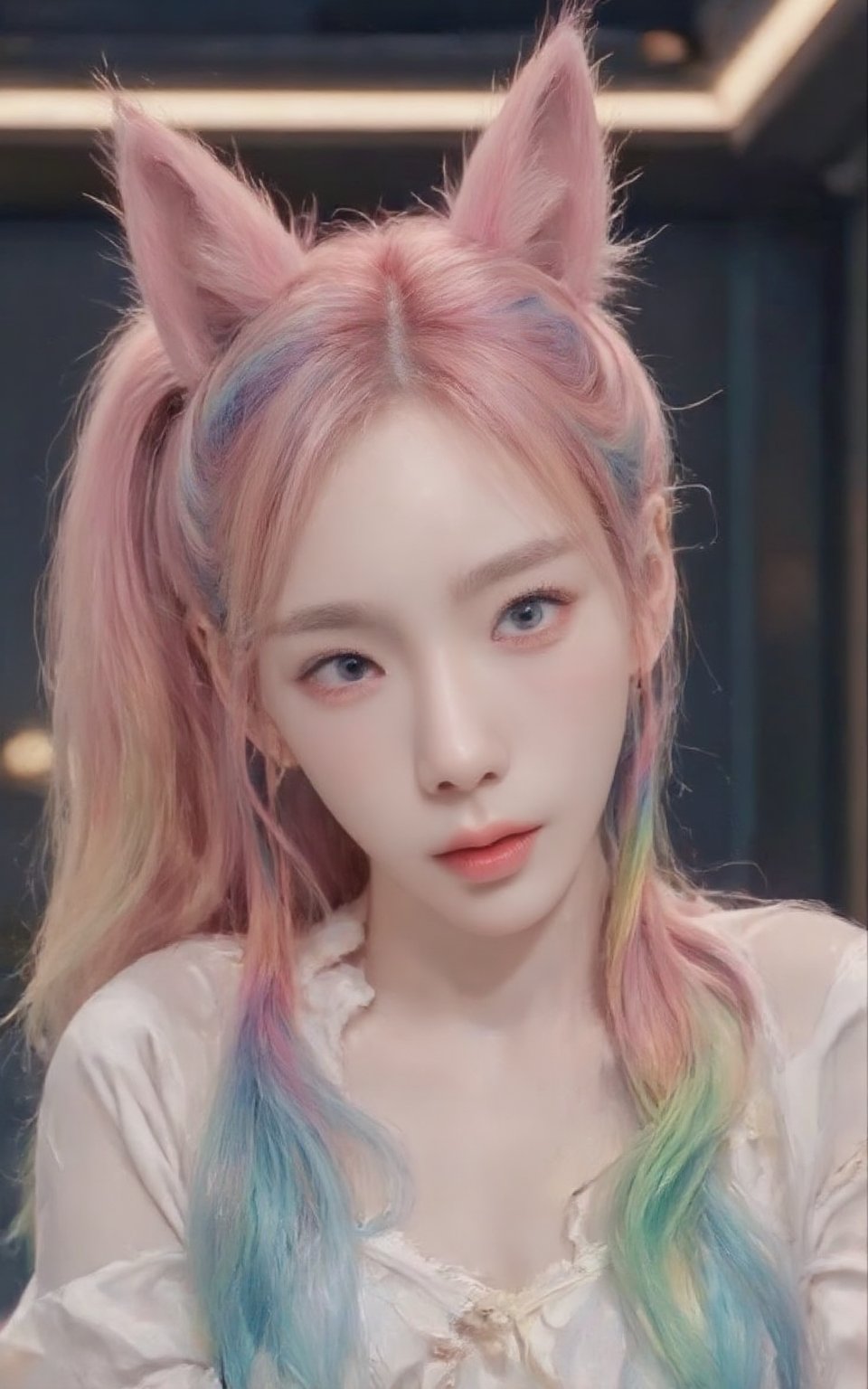 A girl with rainbow-colored twintails and foxears and fox tails.,Taeyeon 