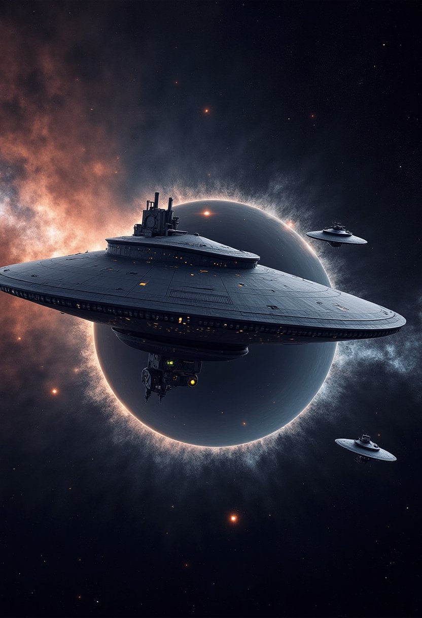 ultrarealistic ufo starship fleet flying in realistic black hole vortex8k resolution,sharp focus,