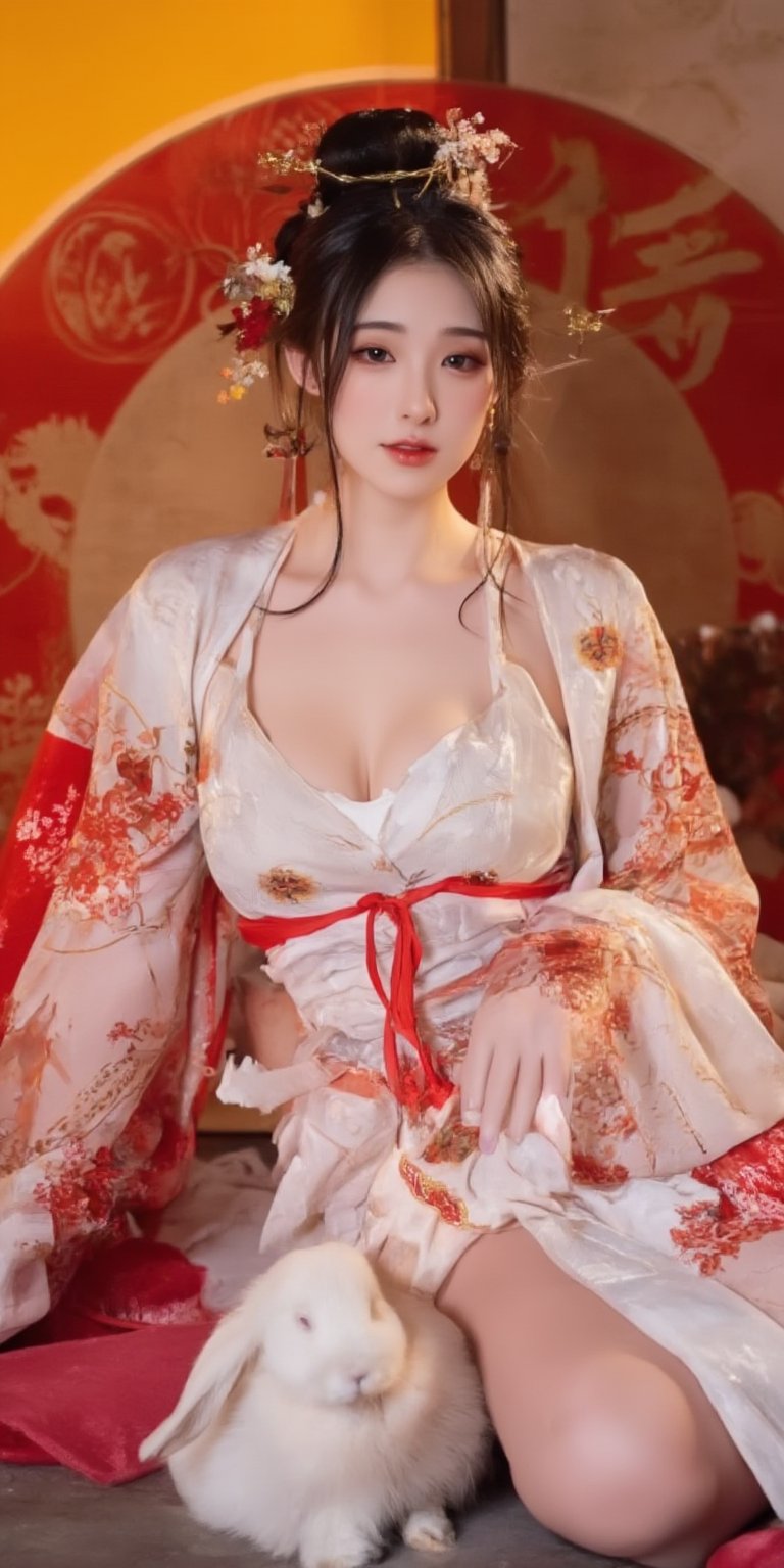 A young woman in a beautiful white kimono sits on a soft, patterned fabric. She is adorned with delicate floral hair ornaments and a red tassel hangs from her waist. Her expression is serene and elegant, her gaze directed towards the viewer. A white rabbit sits beside her, adding a touch of innocence and charm to the scene. The background features a large red circle and a traditional Chinese character, creating a sense of cultural richness and mystique. [Photorealistic portrait, inspired by the works of Annie Leibovitz and Steve McCurry], [Soft, natural light, focus on the woman's face and her elegant pose, blurred background with a sense of depth, textured surfaces, a sense of cultural heritage and beauty], Hanfu, KOLNB, Ahri,Auguste Renoir ~ Paul Peel ~ John Singer Sargent ~ Alexandre-Jacques Chantron ~ John William Godward ~ John William Waterhouse ~ Han-Wu Shen ~ Ishitaka Amano ~ Chakrapan Posayakrit ~ Kim Jung Gi ~ Kei Mieno ~ Ikushima Hiroshi ~ WLOP ~ William-Adolphe Bouguereau ~ Alphonse Mucha ~Luis Royo ~ Range Murata ~ Jock Sturges photography ~ David Hamillton photography,sparkles,,surreal,Pingping_hubggirl