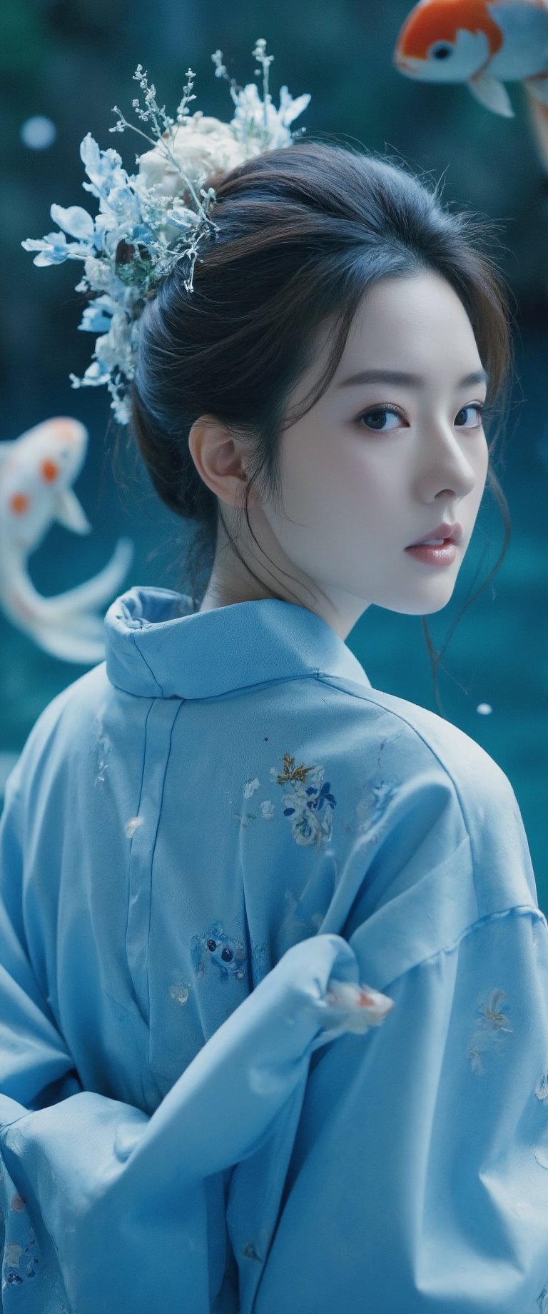 Photo, realistic, light refraction, llngsh AND 1920s geisha, face, brunette, kimono goldfish look like they are swimming in the air, deep blue and light blue gradation, very beautiful, cool feeling piece,  