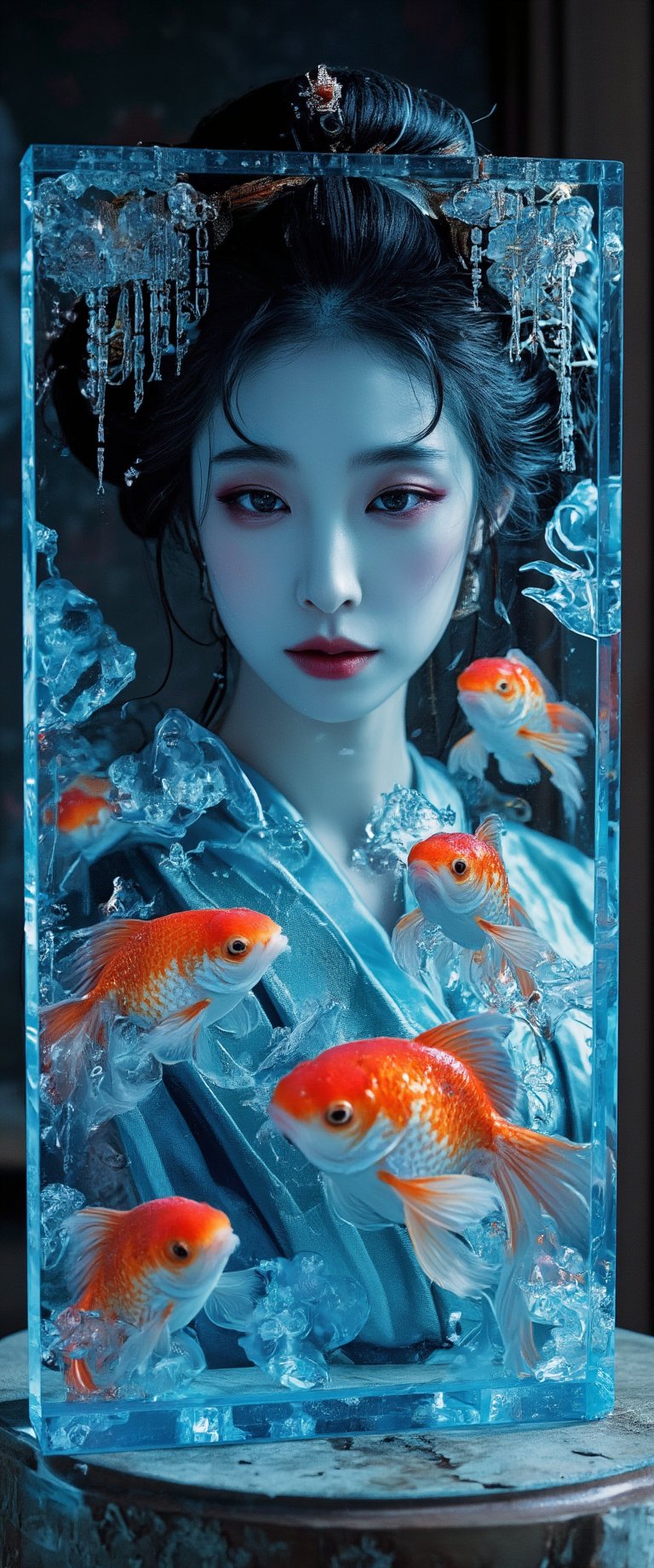 Photo, realistic, light refraction, ((acrylic with goldfish illustration embedded in desk)),  llngsh AND 1920s geisha, face, brunette, kimono goldfish look like they are swimming in Chinese letter panterns that spell ni hao, deep blue and light blue gradation, very beautiful, cool feeling piece,  