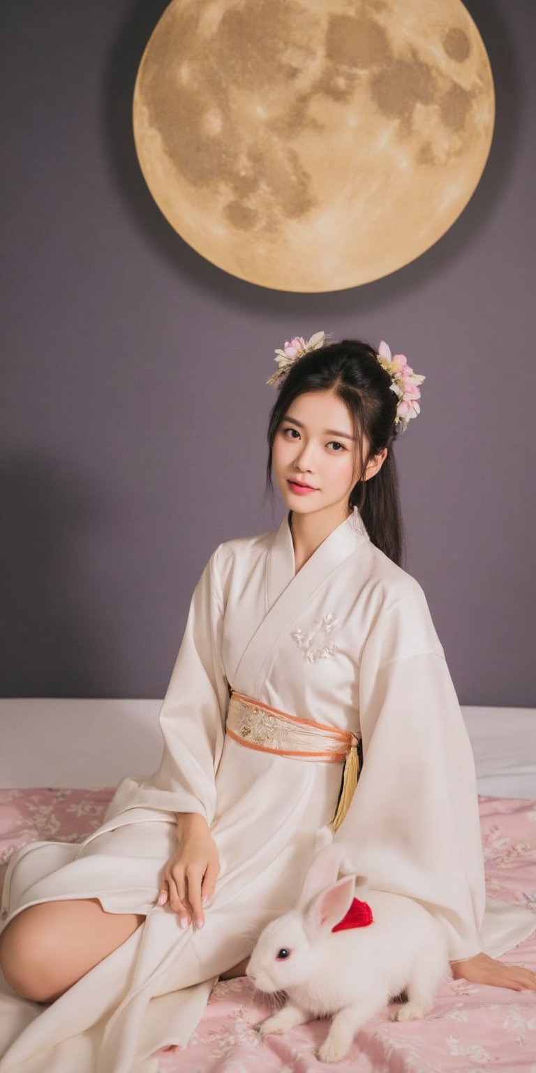 A young woman in a beautiful white hanfu sits on a soft, patterned fabric. She is adorned with delicate floral hair ornaments and a red tassel hangs from her waist. Her expression is serene and elegant, her gaze directed towards the viewer. A white rabbit sits beside her, adding a touch of innocence and charm to the scene. The background features a large moon, creating a sense of cultural richness and mystique. 