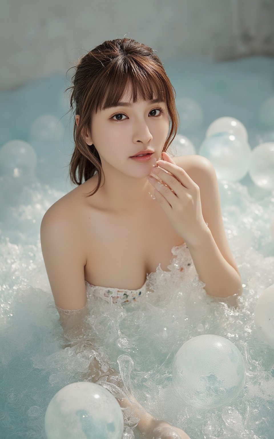 A stunning female model with an enhanced bust size poses provocatively amidst a whimsical setting, surrounded by ethereal water orbs that seem to defy gravity. Soft focus and gentle lighting envelop her refined facial structure and luscious locks, drawing attention to her captivating gaze. The shimmering, translucent spheres create an air of enchantment as she emerges from the sea of floating bubbles.