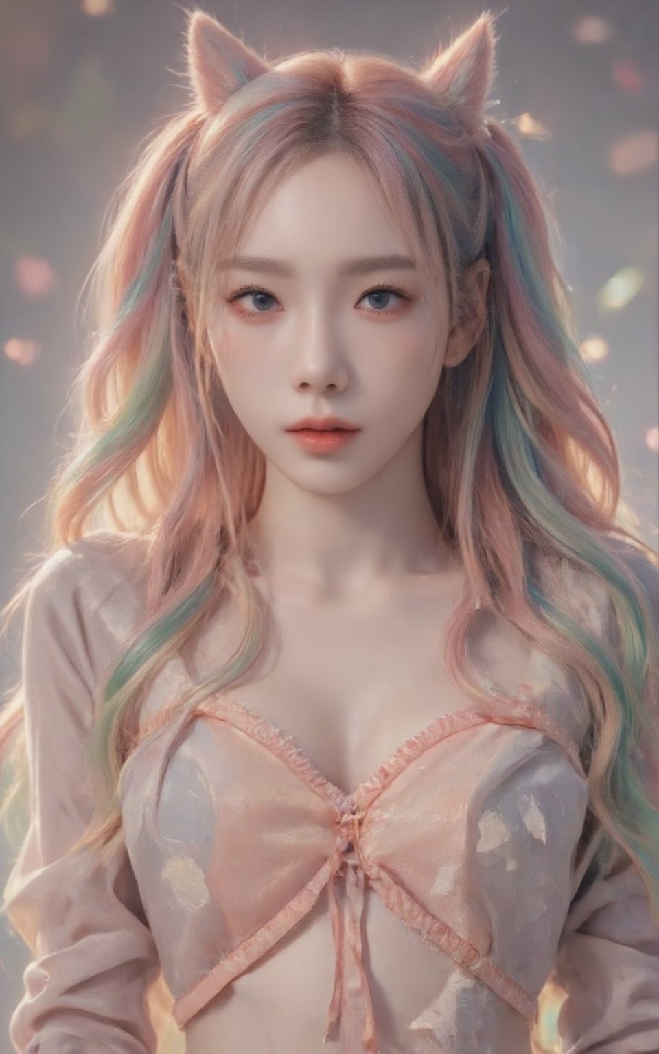 A girl with rainbow-colored twintails and foxears and fox tails.,Taeyeon 