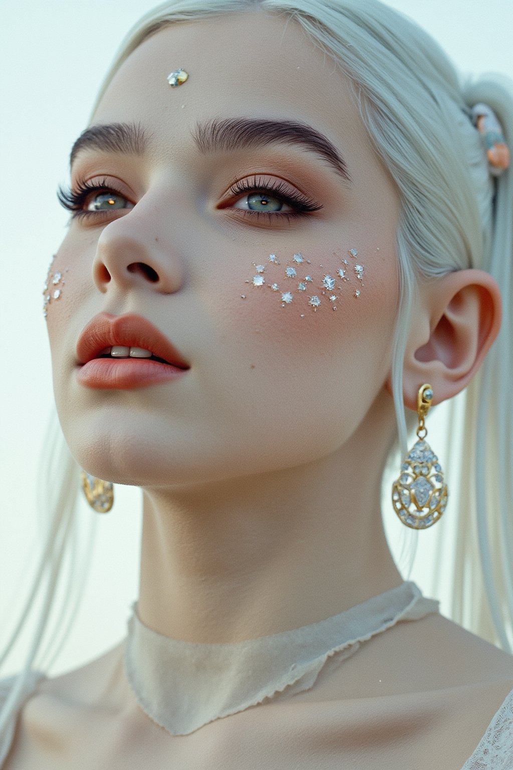 close, albino woman with glowing eyes and hair in white gold jewelry, light painting, futuristic digital, realistic sci-fi, lights, gold filigree, silver lashes, diamond, ethereal, misty, holographic, white sky on background,glitter