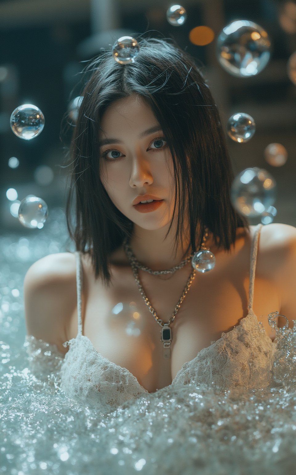 A stunning female model with an enhanced bust size poses provocatively amidst a whimsical setting, surrounded by ethereal water orbs that seem to defy gravity. Soft focus and gentle lighting envelop her refined facial structure and luscious locks, drawing attention to her captivating gaze. The shimmering, translucent spheres create an air of enchantment as she emerges from the sea of floating bubbles.